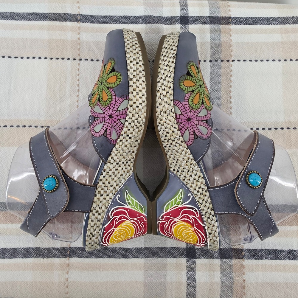 L'Artiste Fusta-Blum Leather Floral Wedge Sandals Women 38 Hand Painted Rose - Picture 5 of 15